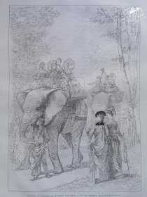 1870年法国艺术系列线刻版画《在花园游览》—画家(PIERRE GAVARNI)作品  43x30cm