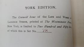 网上孤本——1904年英文原版硬精装《劳伦斯.斯特恩作品集》，一套7册。作者是美国二十世纪早期著名作家珀西.菲茨杰拉德。该书限量250套，序号为78（第7图）。