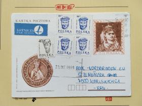 《外国集邮品收藏保真：波兰1989年雕刻头像 瓦维尔城堡中的男人雕像邮票实寄封片 背面有书书寄语》澜2109-25