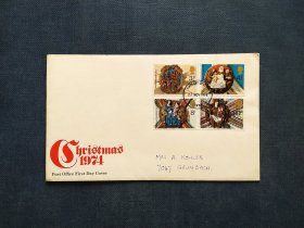 《外国集邮品收藏保真：英国1974年屋顶凸台石刻雕刻人物圣诞节邮票实寄首日封 品相如图》澜2402-13