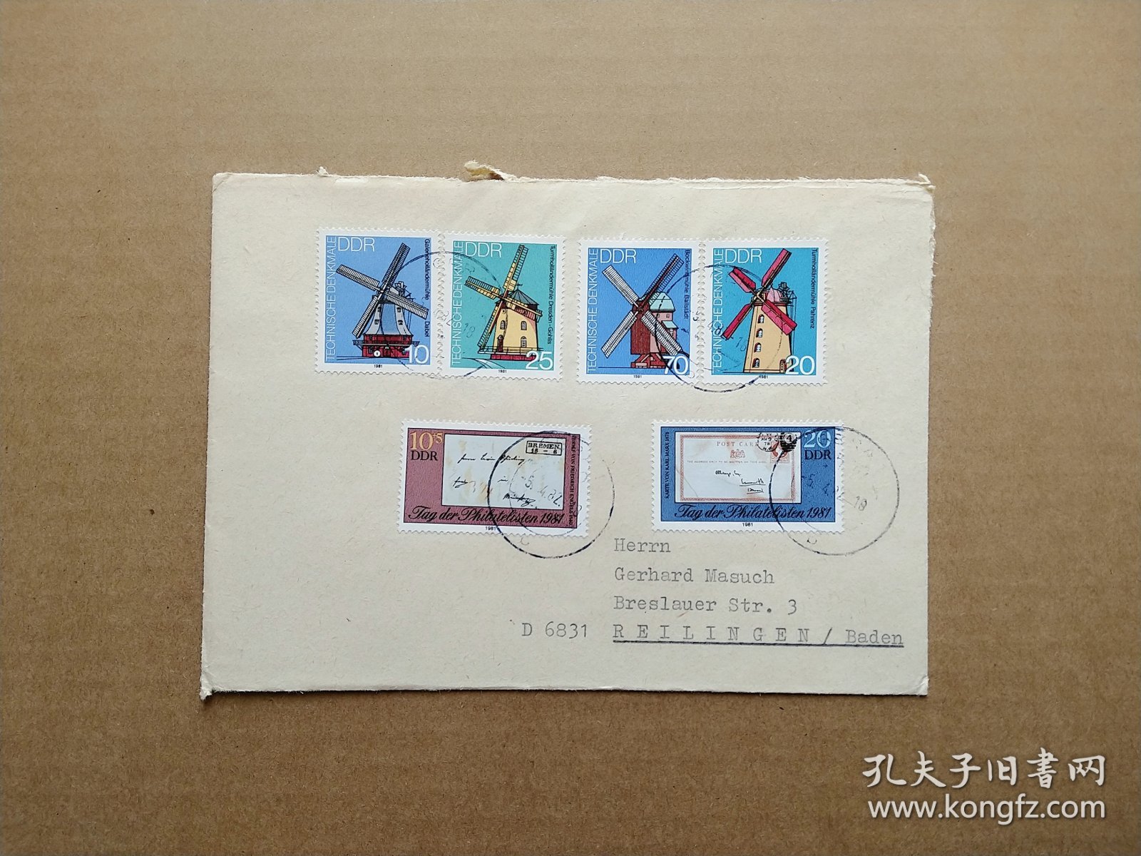 【集邮品拍卖保真 德国1982年风车 （马克思与恩格斯信件明信片）邮票实寄封  品相如图 】四2312-15