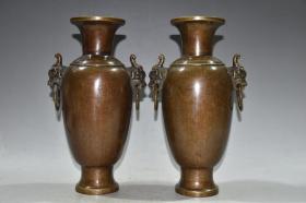 早期收藏 纯铜双狮子对花瓶摆件 做工精细 品相如图