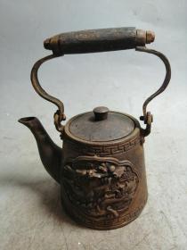 老黄铜双龙水壶茶具摆件