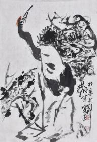【当代名家精品】 【世界华人美术家协会副主席】龚老师 师承著名画家张立辰、郭石夫先生，对八大、吴昌硕、齐白石诸先生的绘画进行长期的研究与实践。原创水墨花鸟画《独立》四尺三开 保真有合影！HN14157