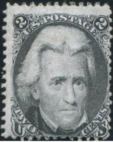 美国1862年杰佛逊总统2美分新票(A32)齿孔下移位，史称“黑色杰佛逊”，有背胶