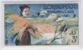老挝王国时期 油画--美女与农获图 新1枚 雕刻版张， 法国印制，全胶