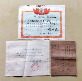 同一名学生六十年代无锡学校证书3张：1960年无锡县洛社人民公社周严小学毕业证书，加盖学校公章及校长范醉霞私章，背面加盖“已报考洛社中学，1960年度招生”；1963年无锡县洛社中学肄业证明书，油印，加盖学校钢印、公章及校长吴本立签名章；无锡县洛社中学1962--1963学年度学生成绩报告单；品相如图