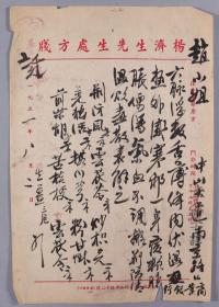 著名中医、原北京中医学会顾问 杨济生 1951年毛笔处方笺一页 （使用“杨济生先生处方笺”书写） HXTX254067