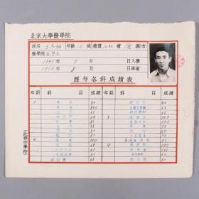 1945 - 1952年 时任北京大学医学院院长胡传揆、注册主任李秉元签发 学生于志恒历年各科成绩表 一张（贴有小照片一张）HXTX332904