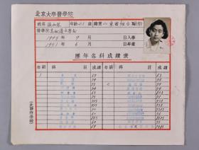 同一来源：1949 - 1951年 时任北京大学医学院院长胡传揆、北京大学医学院注册主任李秉元 签发学生张如琴历年各科成绩表 一件（贴有小照片一枚）HXTX271004