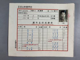 1945-1951年 北京大学医学院历年各科成绩表一件（证主：乔振纲，贴证主照片；有学院院长胡传揆钤印） HXTX401576