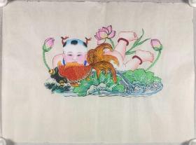 八九十年代 木版年画“童子卧鲤图”一幅（尺寸：cm）HXTX284198