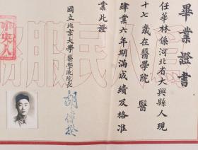 同一来源：1950年 时任国立北京大学医学院院长 胡传揆 签发毕业证书一件（证主：任华林，贴有证主照片并有各科成绩，钤手写体印章：胡传揆） HXTX337793