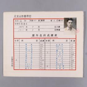 同一来源：1945 - 1951年 时任北京大学医学院院长胡传揆、注册主任李秉元钤印  学生张坦历年各科成绩表 一张 （贴有小照片一枚）HXTX332224