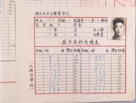 同一来源：1950年 时任国立北京大学医学院院长 胡传揆 签发毕业证书一件（证主：任华林，贴有证主照片并有各科成绩，钤手写体印章：胡传揆） HXTX337793