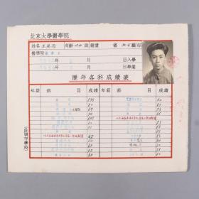 1950 - 1952年 时任北京大学医学院院长胡传揆、注册主任李秉元签发 学生王恩源历年各科成绩表 一张（贴有小照片一张）HXTX332903