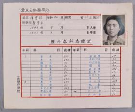 同一来源：1951年 时任北京大学医学院院长 胡传揆 签发致医学系学生穆宝琛“历年各科成绩表”一页（贴有证主照片，钤印：胡传揆） HXTX337797