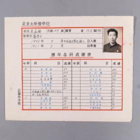 同一来源：1946 - 1951年 时任北京大学医学院院长胡传揆、注册主任李秉元钤印  学生吴嘉树历年各科成绩表 一张 （贴有小照片一枚，由伪卫生学院转入）HXTX332226