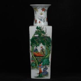 清康熙  古彩人物纹四方瓶  高46.5厘米