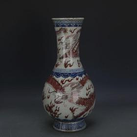 清康熙  青花釉里红手绘龙纹胆瓶  高44.2CM