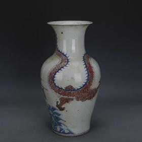 清乾隆  青花釉里红鲤鱼跳龙门花篮瓶  高39.5CM