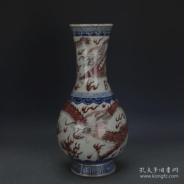 清康熙  青花釉里红手绘龙纹胆瓶  高44.2CM