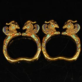珍藏纯铜纯手工打造鎏金镶嵌宝石凤手镯一对
内径6厘米  重.318克