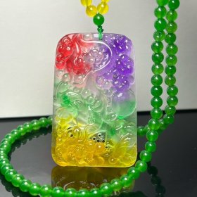 完美高冰种多彩翡翠双面镂空雕刻花开富贵牌子加链子
