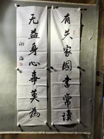    荆向海，号子川，堂号天润阁，1953年生，山东桓台人，1975年师从省内著名书法家张立朝先生。现为中国书法家协会会员，中国楹联学会会员，山东省楹联艺术家协会副主席，山东省书法家协会理事，山东名士画院副院长兼秘书长，济南市书协常务副主席，二级美术师。   荆向海  书法 对联 一幅（精品）尺寸138————35 X2  厘米