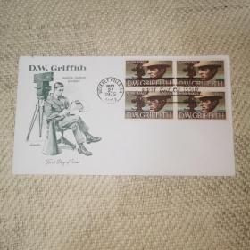 美国著名导演DW.格里菲斯(D.W.Griffith) 1975年纪念版限量首日封 比弗利山邮戳 带邮票