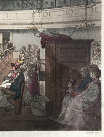 1800年普金、罗兰森手工上色飞尘蚀刻铜版画《抹大拉教堂》，“伦敦缩影”系列之Plate54，27x33cm，硬纸板背衬（未粘贴），透明护纸，品相极佳。