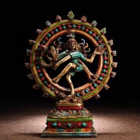 旧藏西藏收纯铜藏传工艺镶嵌宝石彩绘描金藏传自在度母一尊 
 重2859克  高28.5厘米   宽21.5厘米