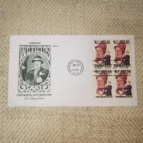 美国老牌喜剧演员W.C.菲尔兹(W.C.Fields)1980年美国首日封 比弗利山邮戳 带邮票