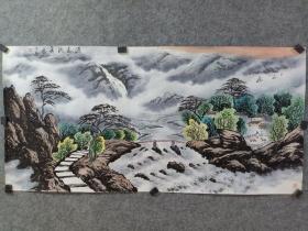 张全胜老师四尺整张山水，纯手绘，张全胜，男，曲阜师范大学毕业，现为山东省美协会员，枣庄市美术家协会常务理事，薛城美术家协会副主席，枣庄画院画师
枣庄市奚仲书画诗印研究院副院长，枣庄市中山书画院副院长，作品《秋塘》发表于《中国书画报》2008年3月第18期，作品《秋荷霜重》发表于《中国书画报》2007年2月第15期。作品《山寨泉鸣》发表于《美术报》2007年11月第731期40版。
