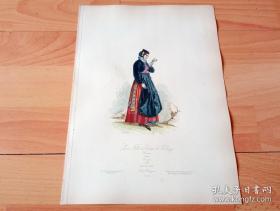 1875年原版钢版画，手工上色，瑞士阿尔卑斯山的美少女，出自法国画家，Louis Pauquet的绘画作品,纸张31*22厘米，十分精美。