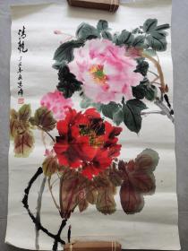 当代著名画家李峰老师精品牡丹，画工精湛，少见精品，尺寸68/45，拓片，最后一图有简介