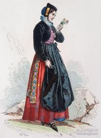 1875年原版钢版画，手工上色，瑞士阿尔卑斯山的美少女，出自法国画家，Louis Pauquet的绘画作品,纸张31*22厘米，十分精美。