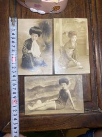 民国日本美女明信片照片3张，有签名钤印