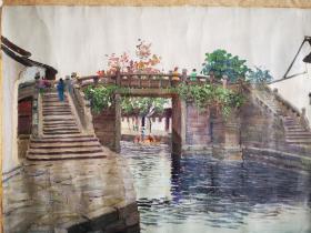 绍兴八字桥 1992年大山绘。风景油画一幅 尺寸画心64/50厘米