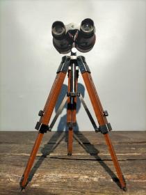 旧藏回流伸缩木支架皮包纯铜伸缩式双筒高倍望远镜，可正常使用，伸高42厘米，重900克
