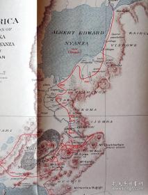 1899年木版雕刻-彩色老地图《东非大裂谷：艾伯特湖、基伍湖、坦噶尼喀湖（由北至南）》（SKETCH MAP OF CENTRAL AFRICA，TANGANYIKA）-- 艾伯特湖为东非大裂谷中最北端的湖泊，坦噶尼喀湖位于东非大裂谷区的西部裂谷；右侧为非洲东部水系图 -- 由人类历史上第一位纵跨非洲大陆的冒险者Ewart Grogan绘制，比例尺1比1百万 -- 地图尺寸43*36厘米。