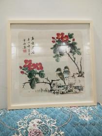 斗方花鸟小品《鸟语花香》已装框实木外框+有机玻璃