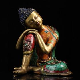 旧藏西藏收纯铜镶嵌宝石彩绘描金自在佛  睡释迦牟尼佛祖像一尊
重3123克  高18厘米  宽16厘米