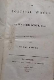1827年出版，司各特诗集，16开大册，边角破损如图，内页干净完好，年代久远，纸张泛黄。包老包真，售出不退不换。