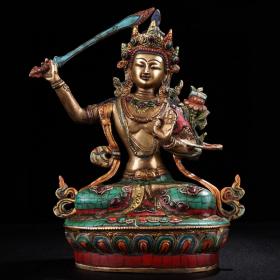 旧藏西藏收老纯铜镶嵌宝石彩绘描金藏传文殊菩萨佛像一尊 
重3141克  高34厘米  宽23厘米