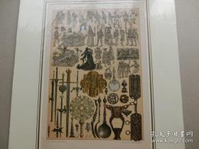 罕见套色石版画！欧洲中世纪作品，武士服饰兵器船只等，尺寸40*30厘米，一八八九年印制。内容复杂，制作精美，难度高。