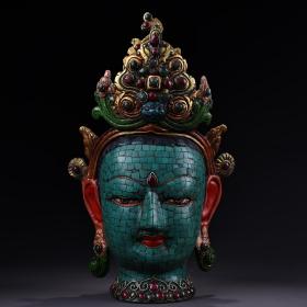 珍品旧藏西藏收纯铜藏传工艺镶嵌宝石彩绘描金藏传绿度母佛头像，品相保存完好  工艺精湛
重3800克  高29厘米  宽19厘米