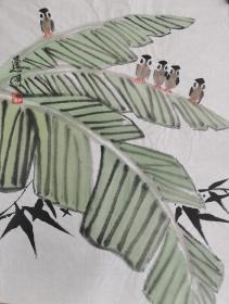 中国画《芭蕉小鸟》