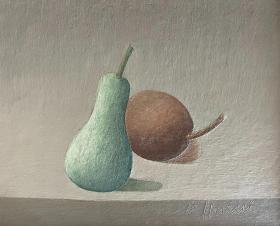 水果静物油画，鲁道夫·胡尔尼 Rudolf Hurni (1914-2003)（瑞士著名画家），原画框原装油画（镀银），乔治·莫兰迪风格，尺寸为带框尺寸。