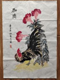 国画水墨彩墨纯手绘公鸡鸡冠花，加官，实物拍摄所见即所得，35×50厘米